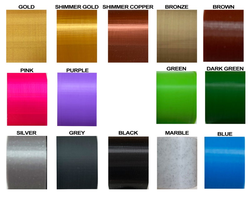May include: A color palette featuring swatches of gold, shimmer gold, shimmer copper, bronze, brown, pink, purple, green, dark green, silver, grey, black, marble, and blue. Each color is labeled with its name in a bold font.