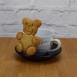 May include: A white ceramic coffee cup with the text "coffee... nice and frothy cappuccino" on the side. A brown bear-shaped cookie is resting on the rim of the cup.
