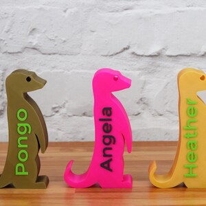 K&ouml;nnte beinhalten: Drei 3D-gedruckte Erdm&auml;nnchen-Figuren, jede in einer anderen Farbe: Braun, Pink und Gelb. Die Erdm&auml;nnchen stehen aufrecht mit ihren Schw&auml;nzen, die sich hinter ihnen einrollen. Jedes Erdm&auml;nnchen hat einen Namen auf der Seite gedruckt: Pongo, Angela und Heather.