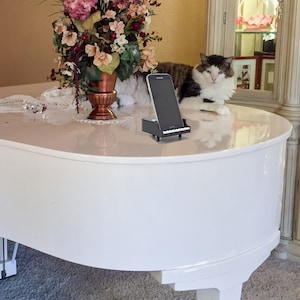Puede incluir: Un piano de cola blanco con un soporte de tel&eacute;fono negro con forma de piano en la parte superior. Un gato est&aacute; sentado en el piano.