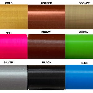 May include: Nine different color samples of plastic filament for 3D printing. The colors are gold, copper, bronze, pink, brown, green, silver, black, and blue.