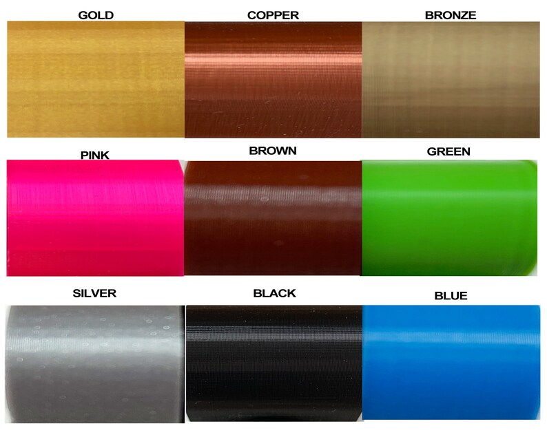 May include: Nine different color samples of plastic filament for 3D printing. The colors are gold, copper, bronze, pink, brown, green, silver, black, and blue.