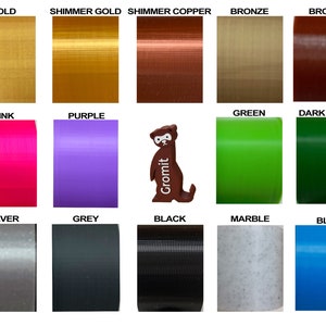 May include: A chart of 15 different colors of filament for 3D printing. The colors include gold, shimmer gold, shimmer copper, bronze, brown, pink, purple, green, dark green, silver, grey, black, marble, and blue.