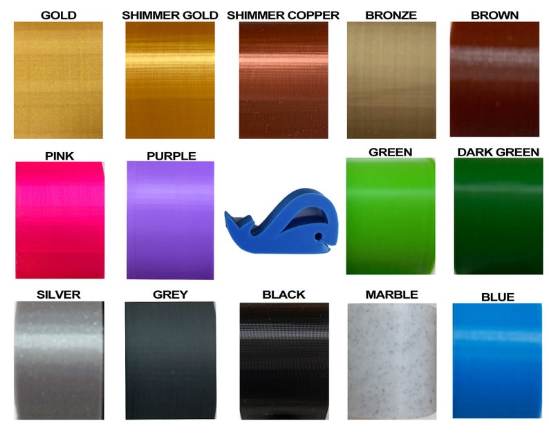 May include: A chart of 15 different colors of filament for 3D printing. The colors include gold, shimmer gold, shimmer copper, bronze, brown, pink, purple, green, dark green, silver, grey, black, marble, and blue.