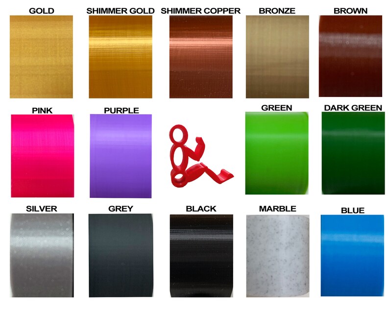 May include: A color chart showing 15 different filament colors for 3D printing. The colors include gold, shimmer gold, shimmer copper, bronze, brown, pink, purple, green, dark green, silver, grey, black, marble, and blue.