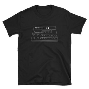 May include: Black t-shirt with a white outline of a vintage drum machine.