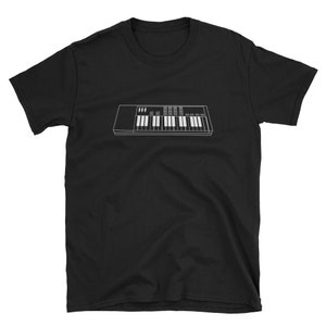 May include: Black t-shirt with a white outline of a keyboard.