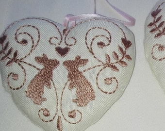 Easter decoration, embroidered cotton fabric heart, Easter table window decoration, bunny,