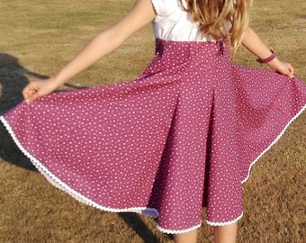 School enrollment dress, turning dress in berry and white. School cone can be made from the same fabric.