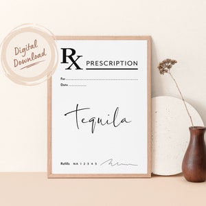 Tequila Prescription Wall Art | Funny Printable Black and White Print | Minimalist Print | Digital Download