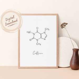 Caffeine Molecule Printable Wall Art Minimal Coffee Bar Sign Black and White Fashion Typography Print Digital Download image 1