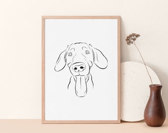 May include: Line art illustration of a dog with its tongue sticking out. The dog is drawn in black on a white background.