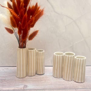 May include: A collection of beige ceramic vases with vertical tan stripes. The vases are arranged in clusters of three and single units. Orange dried flowers are displayed in one vase, adding a pop of color.