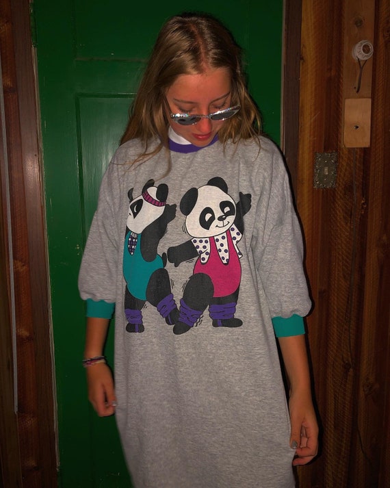 RARE 1980s Kawaii Fairy Kei Dancing Pandas Gray Lo