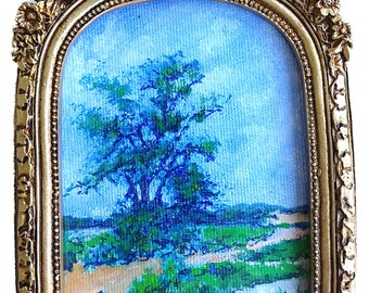 Vintage-Original-Gemälde mit goldenem Rahmen, Landschaft, Baum in Heidelandschaft. Original und authentisches handgemaltes kleines Geschenk