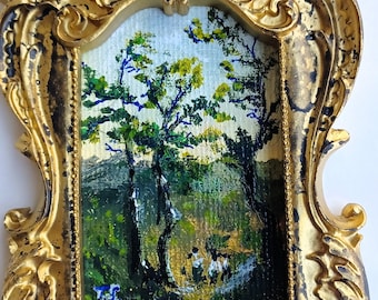 Vintage Original-Gemälde mit goldenem Rahmen. Landschaft. Original, handgemaltes und signiertes kleines Geschenk mit Echtheitszertifikat.