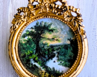 Peinture originale vintage avec cadre doré, paysage, arbre dans un paysage fluvial. Cadeau original peint à la main et signé avec certificat