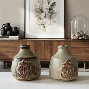 Pair of Vintage Tremar Pottery Bud Vases | Small Earthy Glaze Stoneware Vases | Cornish Studio Pottery | Floral Motif, Stamped "TREMAR U.K.