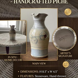 May include: Handmade ceramic pitcher with a distinctive, wavy rim. The stoneware vase is hand-thrown, showcasing a light blue and beige palette with floral designs. It measures 21.6 cm high and 11.4 cm wide. The text "STUDIO CERAMIC ARTISTRY - HANDCRAFTED PICHE" is visible.