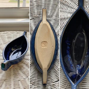 Title: Artisan Ceramic Boat-Shaped Dish, Deep Cobalt Blue Glaze, Studio Pottery.