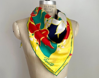 Vintage bloemengele handbedrukte zijden sjaal