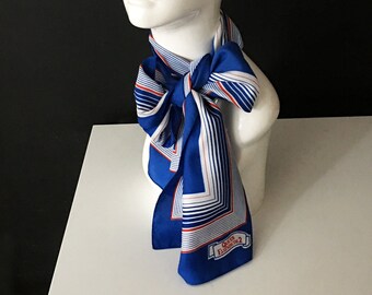 Vintage Scarf Red White and Blue Striped w/ a Queen Elizabeth 2 logo | long polyester vintage 1980's Neck Scarf| American colors Head scarf