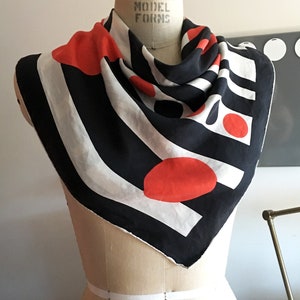Vintage Large Silk Dot Scarf |Decorative Red, Black, White Silk Scarf w/ Dots and Stripes |Red, Black Polka Dot Black and White Stripe Scarf