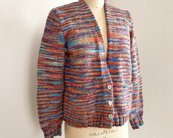 Vintage 1980&#39;s Multi-Color Striped Space Knit Wool Cardigan | 80&#39;s/90&#39;s Hand Knit Funky Vibrant Colorful Sweater 90s Oversized Cardigan