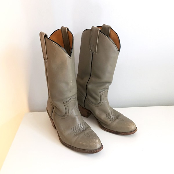 FRYE Vintage Grey boots Womans Unisex Pull On boots|Tall Western Cowboy Boots |Grey Leather Cowboy Boots w/Wood Heel|1970 Frye Western Boots