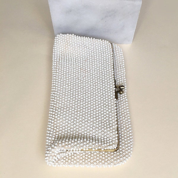 Vintage White Beaded Evening bag Clutch kiss lock Purse |1950's Foldable Clutch w Short Chain Strap |Gold Frame Purse| Small Tiny Dot Clutch