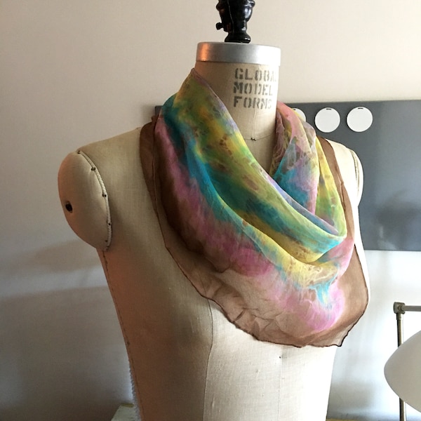 Vintage Tie Dye Silk Chiffon Scarf | 1970's Colorburst Sheer XL Oversized Scarf |70's Pink, Yellow, Turquoise, Pink, Brown Border Head Wrap