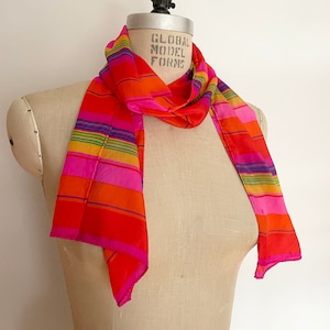 Vintage Liz Caiborne Rainbow Striped Silk Scarf, Bold Stripe Print Bright Neck Scarf, Vibrant Lightweight Long Narrow Neck or Head Scarf