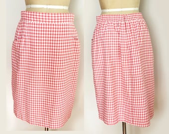 Maggie Lawrence Collection Vintage Gingham Pencil Skirt | Kick Pleat Knee Length Skirt | Pink and White Gingham Waist Pockets Elastic Skirt