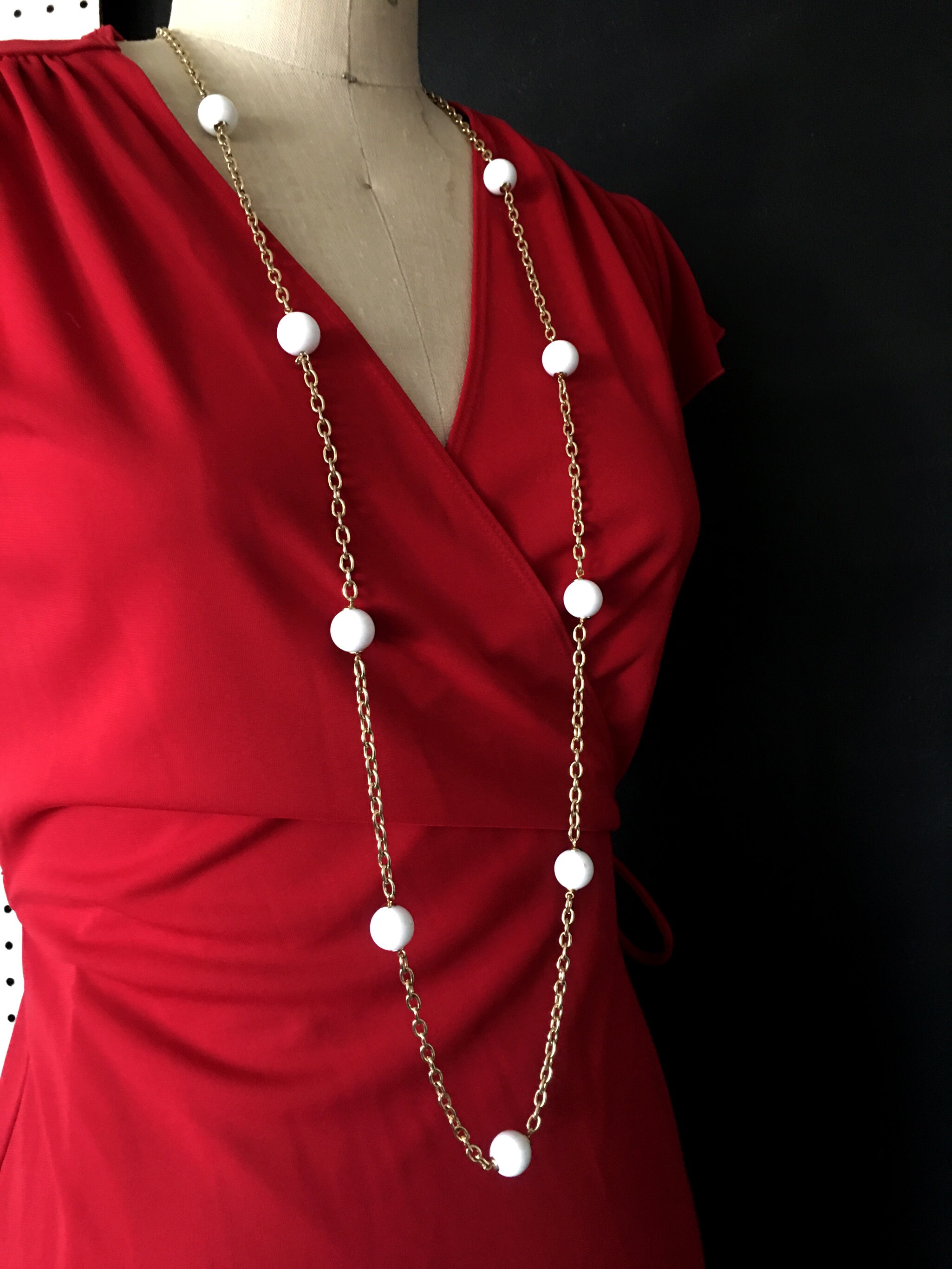 Long White Ball Beaded Gold Chain Necklace vintage White Large Beaded