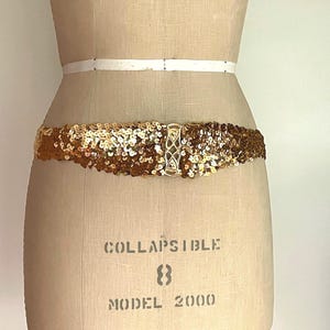 Gold sequin stretch buckle belt, Vintage Inspired Glam Gold Belt, Gold Crowns Buckle wide gold belt, Ladies adjustable Med- Large Belt