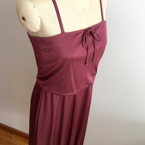 Plum Vintage Spaghetti Strap Dress | 1970&#39;s Shimmery Plum Stretch Cinched Waist Polyester Dress | Retro French Style Cami Mid Dress