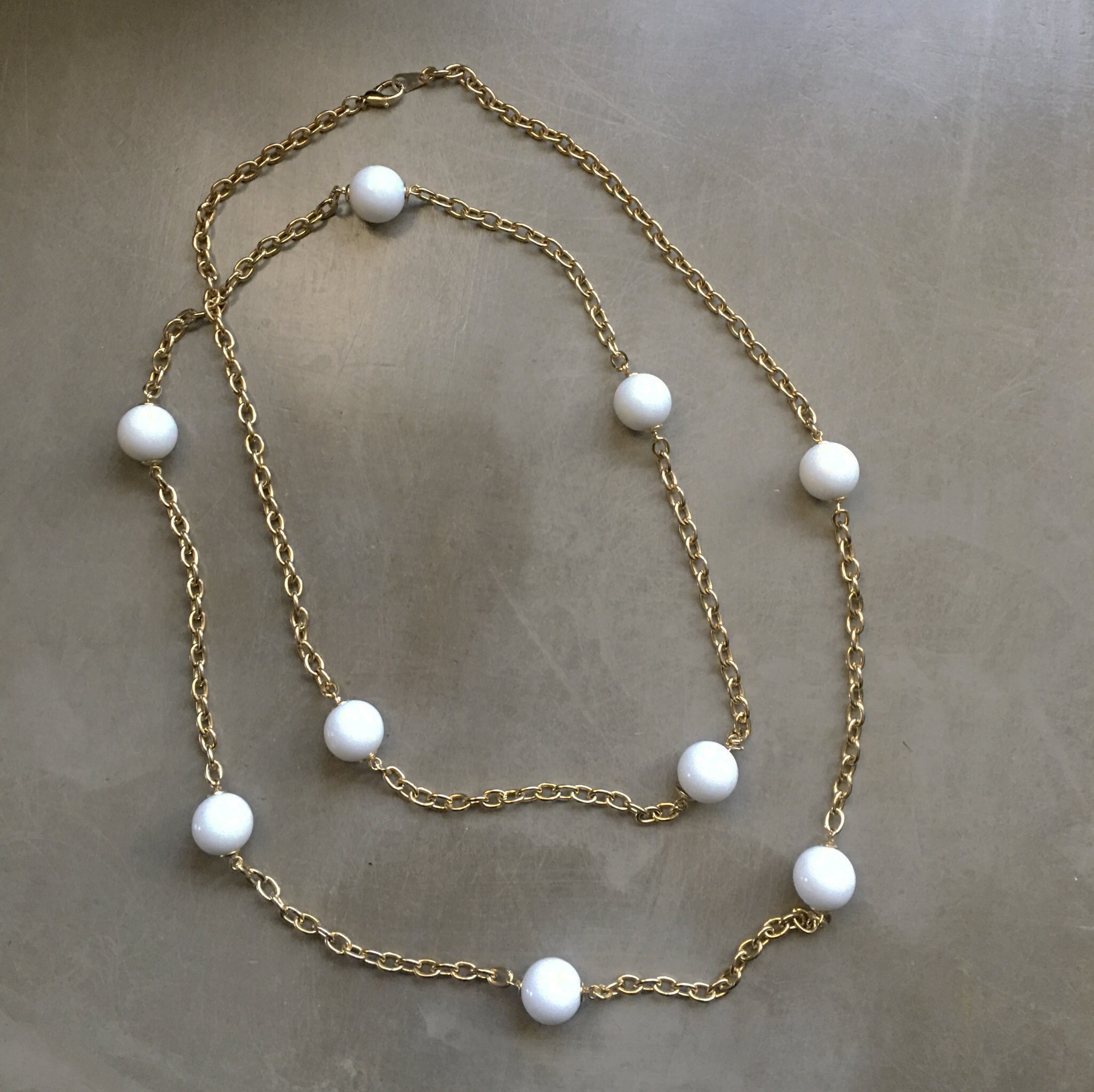 Long White Ball Beaded Gold Chain Necklace vintage White Large Beaded