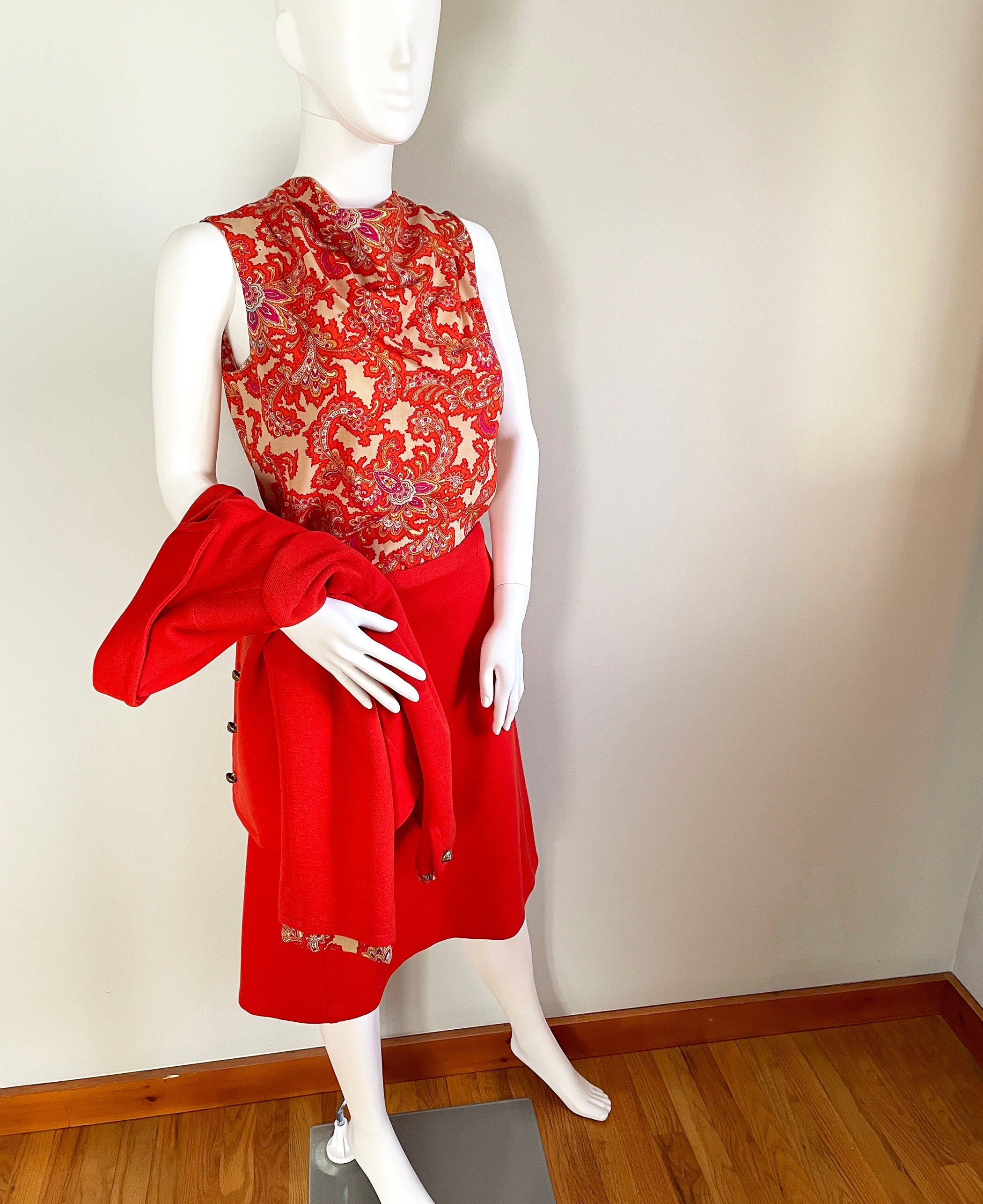 1970's DALTON Woman's Orange Skirt Suit Set Wool Jersey Long Sleeve Orange Suit Gold Buttons Cowl Neck Paisley Sleeveless Blouse