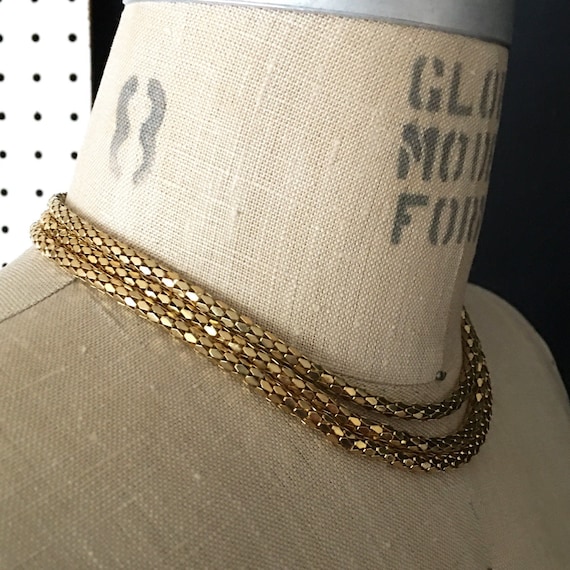 Gold Mesh Triple Strand Chain Vintage Necklace | … - image 1