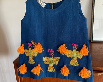 Vintage 1960's Toddler Girls Embroidered Cute Blue Sleeveless Shift Dress | Vestidos Bordados A Mano Telas Tlaquepaque Handmade Fringe Dress