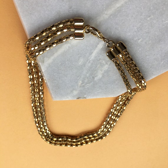 Gold Mesh Triple Strand Chain Vintage Necklace | … - image 4