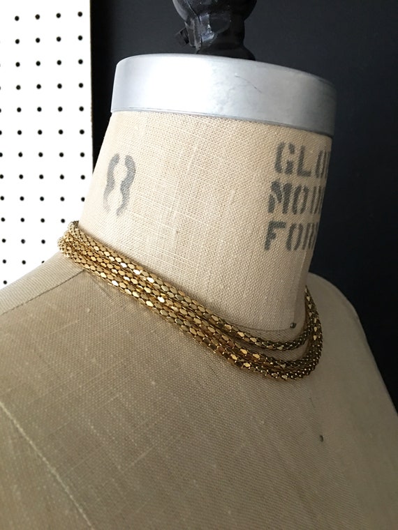 Gold Mesh Triple Strand Chain Vintage Necklace | … - image 6