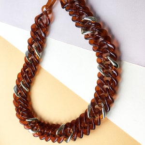 Tortoise Shell Gold Link Chain Necklace | Vintage Chunky Lucite Faux Tortoise Necklace | Oversized Brown Tortoise Shell Gold Link Mix Chain