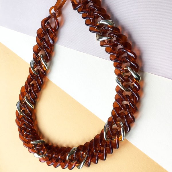 Tortoise Shell Gold Link Chain Necklace | Vintage Chunky Lucite Faux Tortoise Necklace | Oversized Brown Tortoise Shell Gold Link Mix Chain