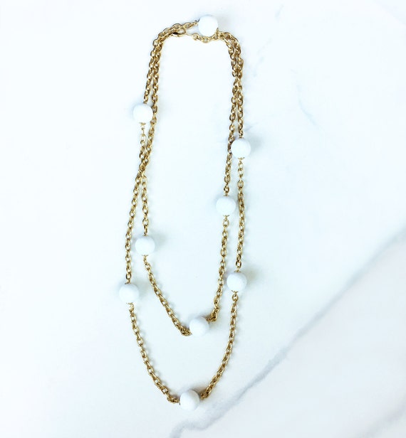 Long White Ball Beaded Gold Chain Necklace |Vinta… - image 7