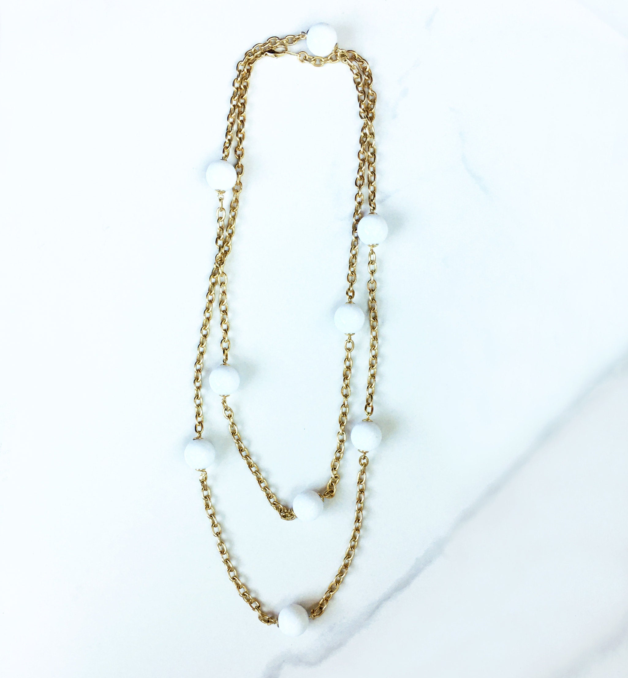 Long White Ball Beaded Gold Chain Necklace vintage White Large Beaded