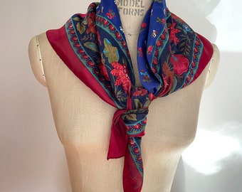 Vintage Silk Floral 90s Oversized Red & Blue Print Scarf