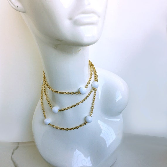 Long White Ball Beaded Gold Chain Necklace |Vinta… - image 4