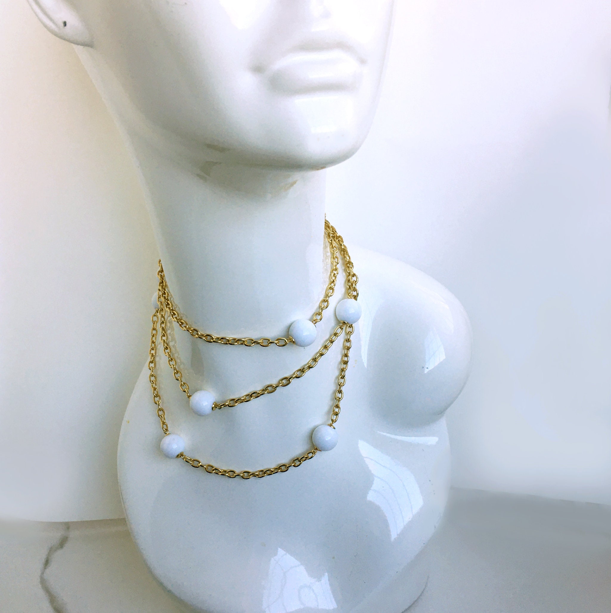Long White Ball Beaded Gold Chain Necklace vintage White Large Beaded