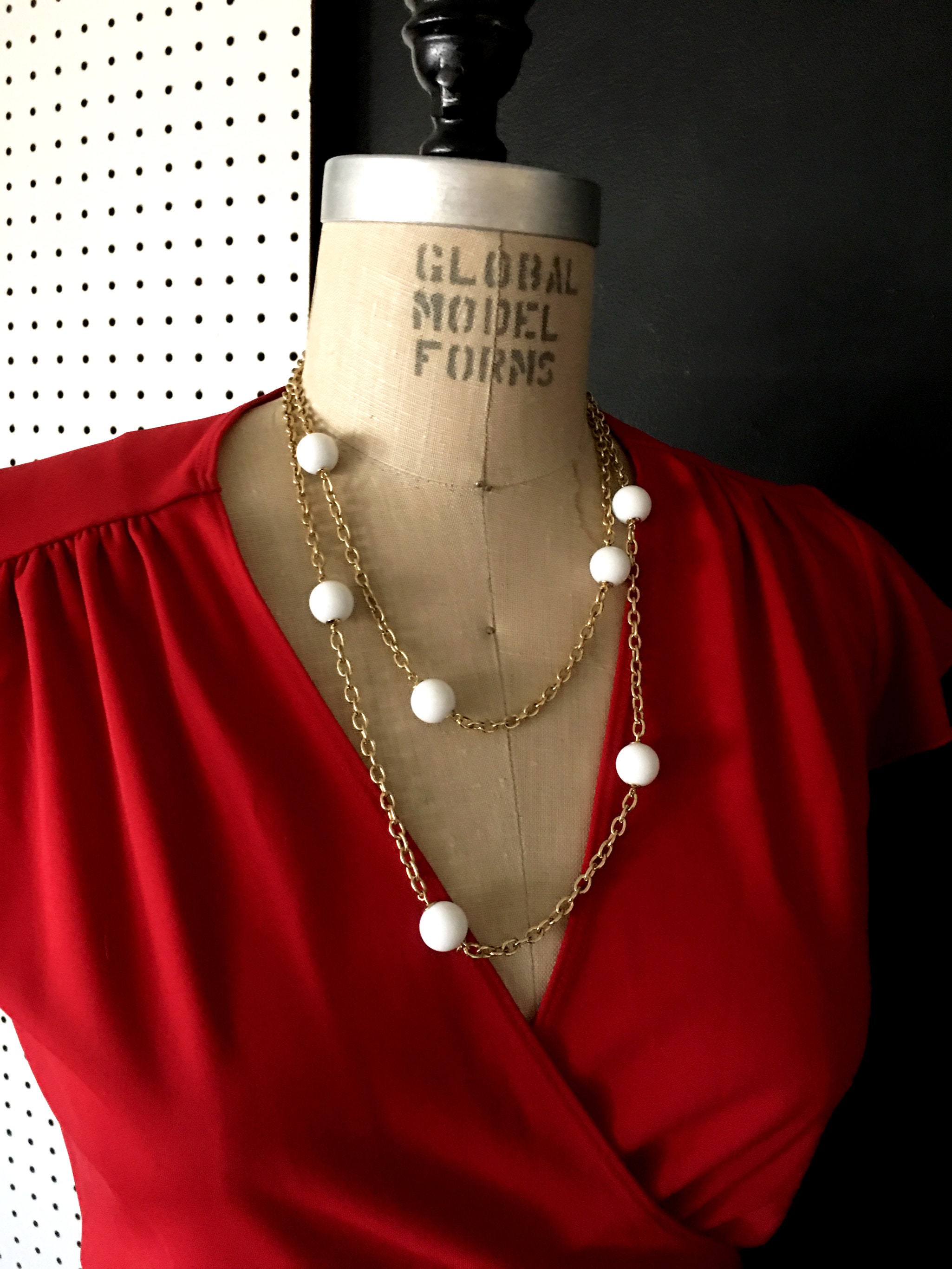 Long White Ball Beaded Gold Chain Necklace vintage White Large Beaded